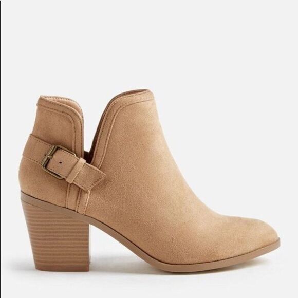 Tan Ankle Buckle Bootie Lonnie Stacked Heel Christmas Layer Snow V Cut Dressy - Picture 2 of 5